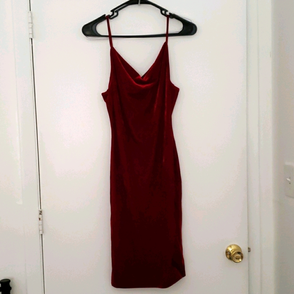 Cowl neck burgundy crushed velour dress